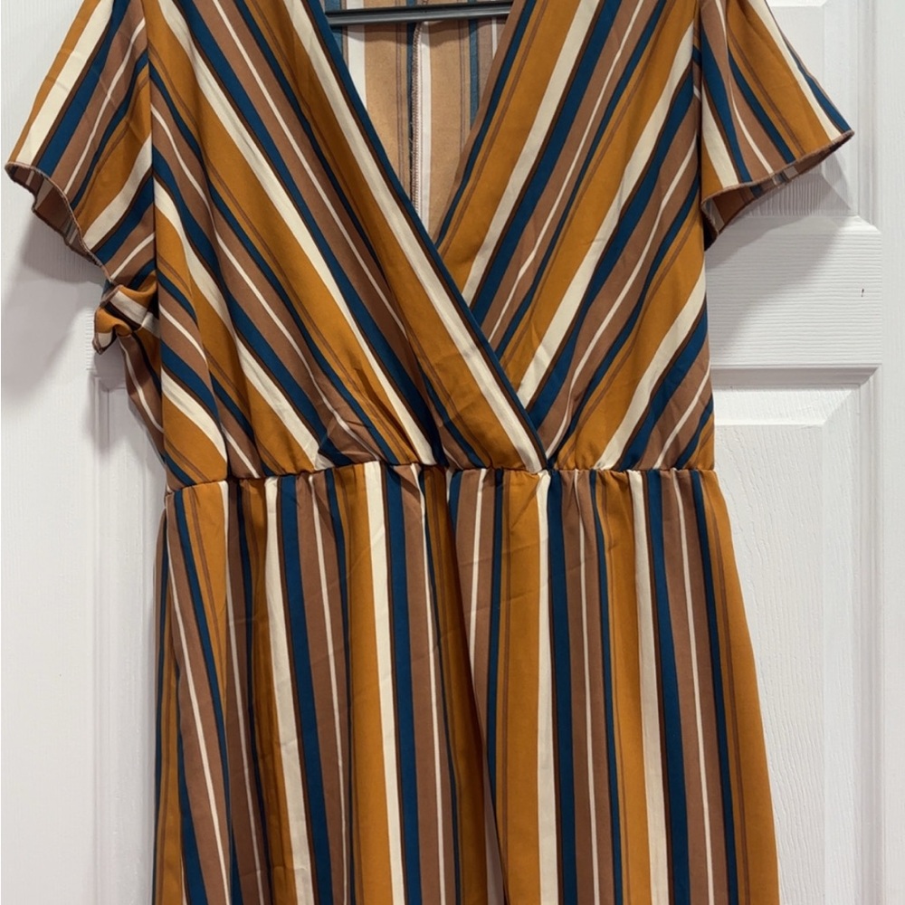 SHEIN Yellow and Blue Flutter Sleeve Wrap Midi Dress